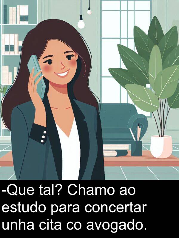estudo: -Que tal? Chamo ao estudo para concertar unha cita co avogado.