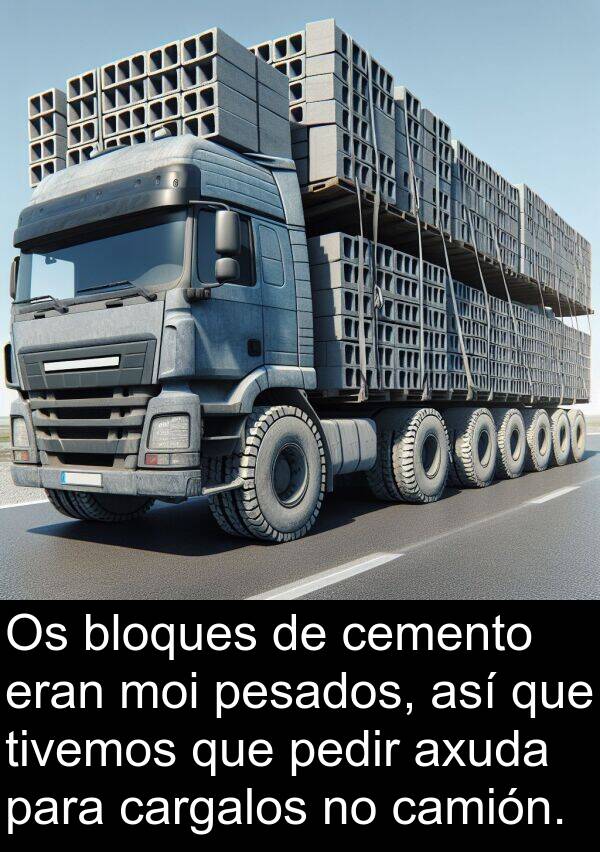 pesados: Os bloques de cemento eran moi pesados, así que tivemos que pedir axuda para cargalos no camión.