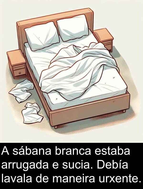 branca: A sábana branca estaba arrugada e sucia. Debía lavala de maneira urxente.