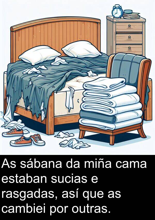 rasgadas: As sábana da miña cama estaban sucias e rasgadas, así que as cambiei por outras.