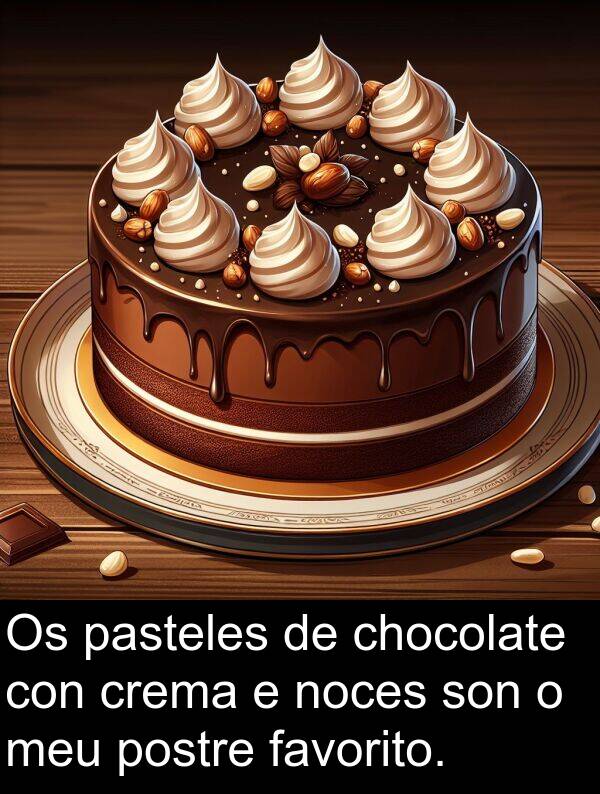 postre: Os pasteles de chocolate con crema e noces son o meu postre favorito.