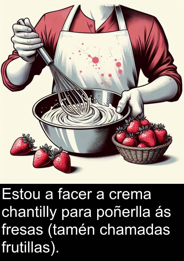 fresas: Estou a facer a crema chantilly para poñerlla ás fresas (tamén chamadas frutillas).
