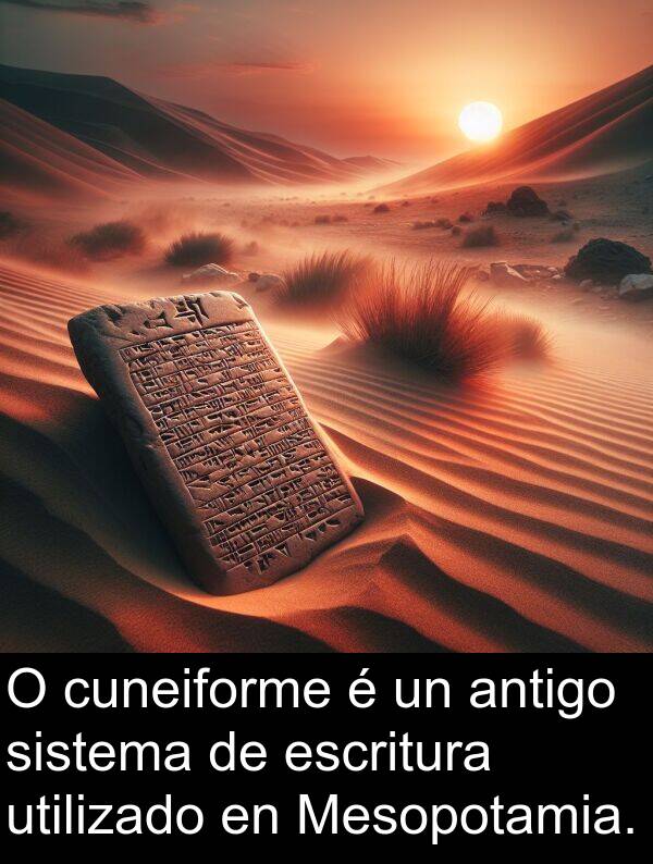 escritura: O cuneiforme é un antigo sistema de escritura utilizado en Mesopotamia.