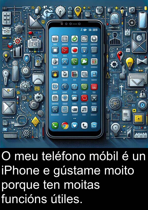 porque: O meu teléfono móbil é un iPhone e gústame moito porque ten moitas funcións útiles.