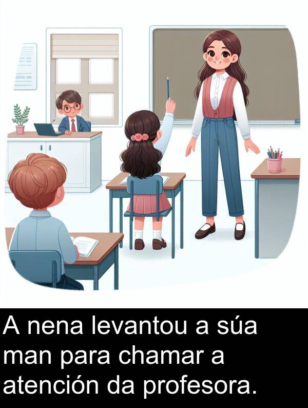 profesora: A nena levantou a súa man para chamar a atención da profesora.