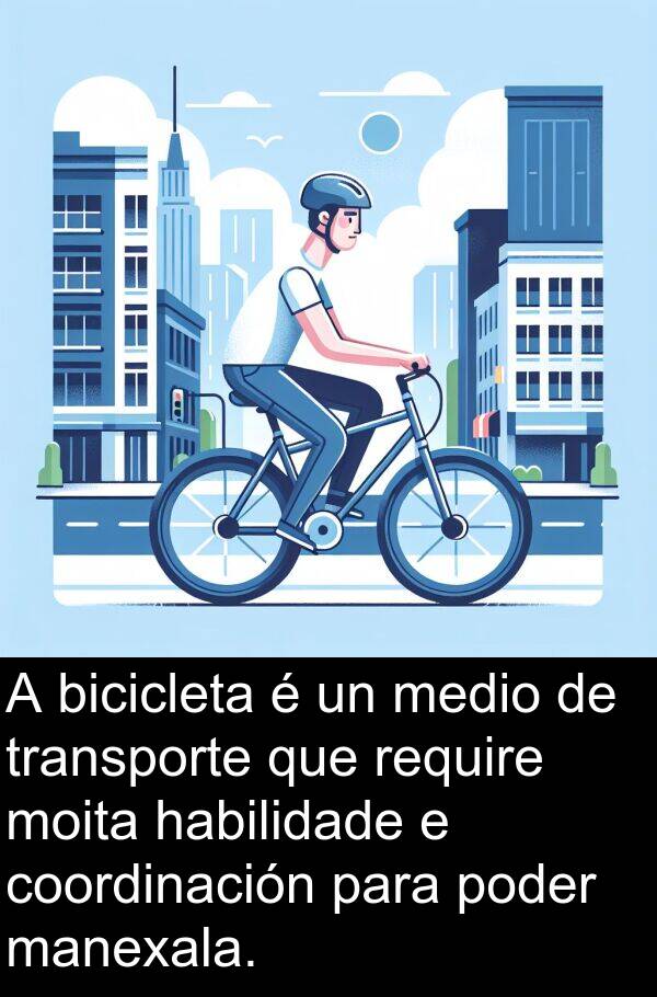 medio: A bicicleta é un medio de transporte que require moita habilidade e coordinación para poder manexala.