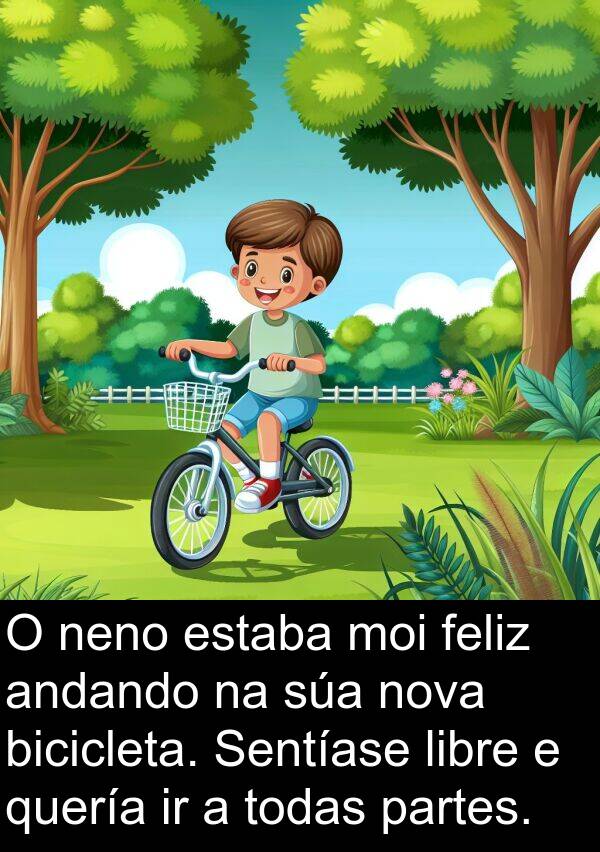 libre: O neno estaba moi feliz andando na súa nova bicicleta. Sentíase libre e quería ir a todas partes.