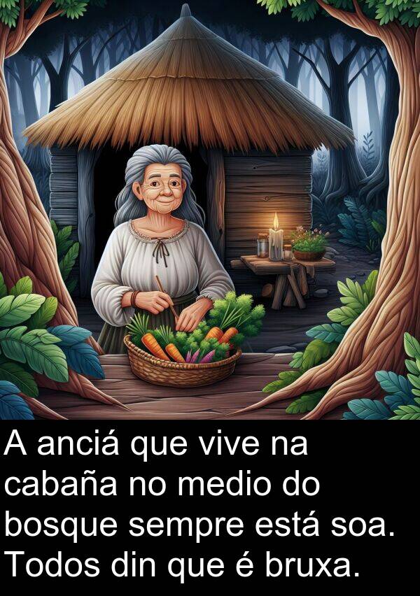 medio: A anciá que vive na cabaña no medio do bosque sempre está soa. Todos din que é bruxa.