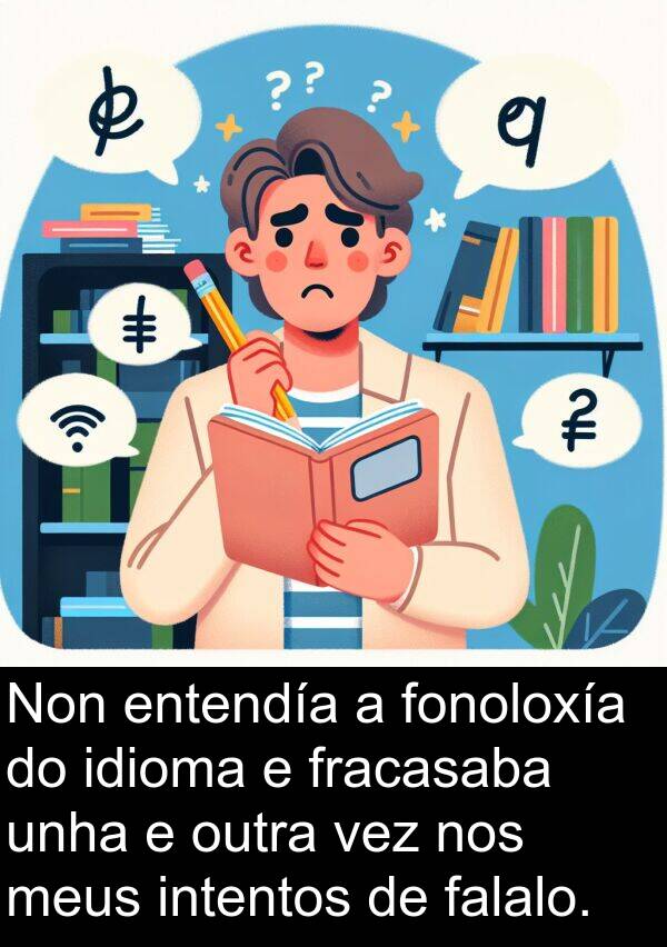 fracasaba: Non entendía a fonoloxía do idioma e fracasaba unha e outra vez nos meus intentos de falalo.