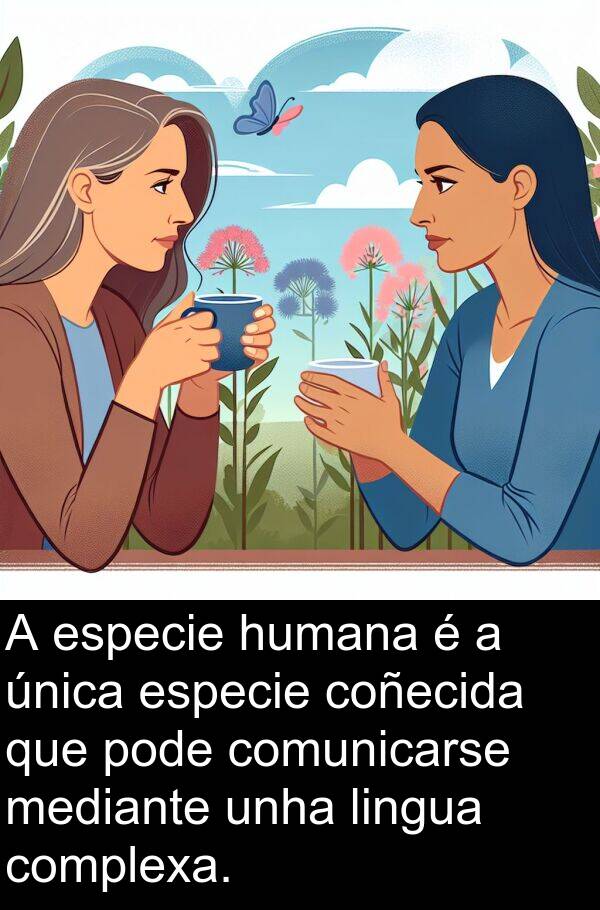 mediante: A especie humana é a única especie coñecida que pode comunicarse mediante unha lingua complexa.