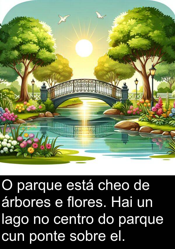 el: O parque está cheo de árbores e flores. Hai un lago no centro do parque cun ponte sobre el.