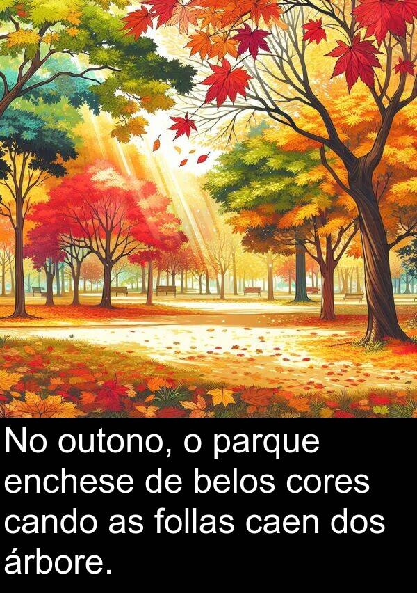 cores: No outono, o parque enchese de belos cores cando as follas caen dos árbore.