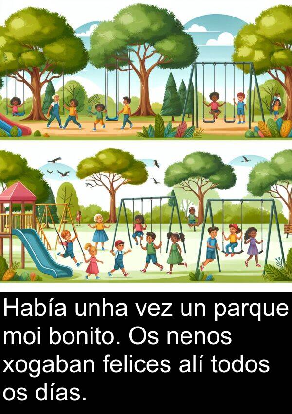 días: Había unha vez un parque moi bonito. Os nenos xogaban felices alí todos os días.