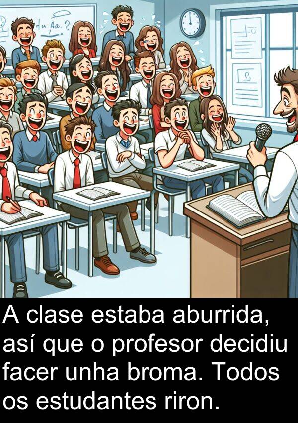 riron: A clase estaba aburrida, así que o profesor decidiu facer unha broma. Todos os estudantes riron.