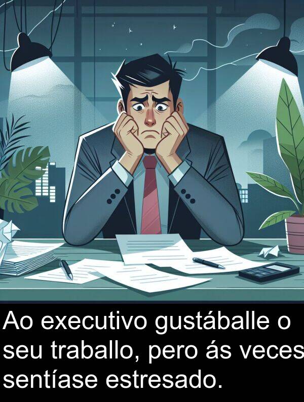 executivo: Ao executivo gustáballe o seu traballo, pero ás veces sentíase estresado.