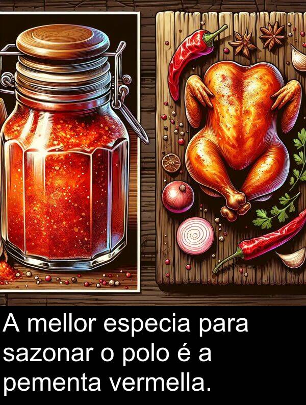 especia: A mellor especia para sazonar o polo é a pementa vermella.