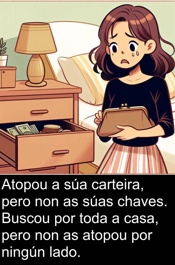 atopou: Atopou a súa carteira, pero non as súas chaves. Buscou por toda a casa, pero non as atopou por ningún lado.