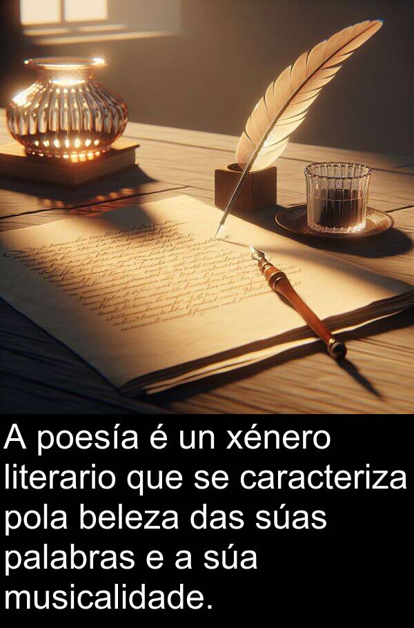 poesía: A poesía é un xénero literario que se caracteriza pola beleza das súas palabras e a súa musicalidade.