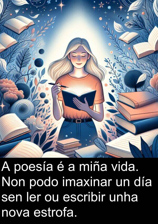 escribir: A poesía é a miña vida. Non podo imaxinar un día sen ler ou escribir unha nova estrofa.
