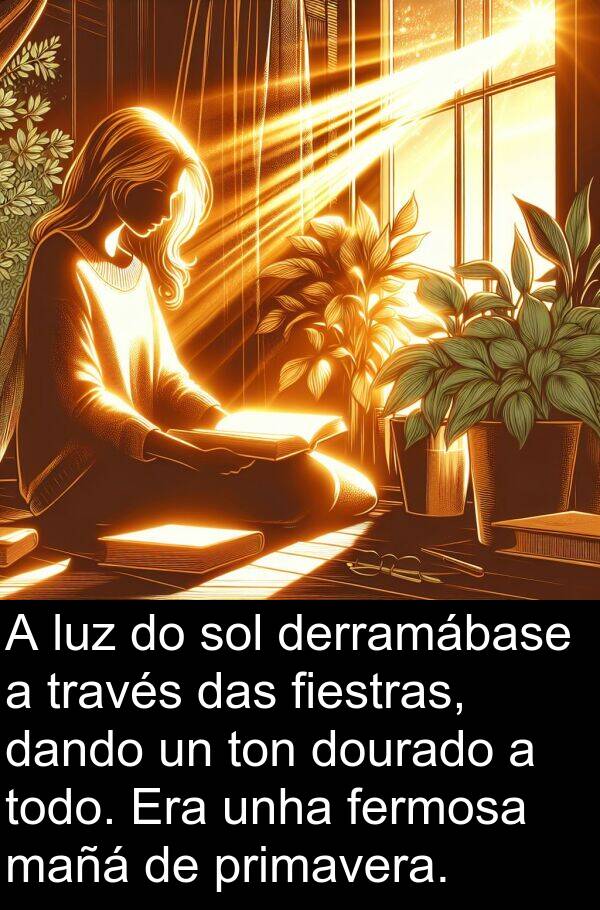 mañá: A luz do sol derramábase a través das fiestras, dando un ton dourado a todo. Era unha fermosa mañá de primavera.