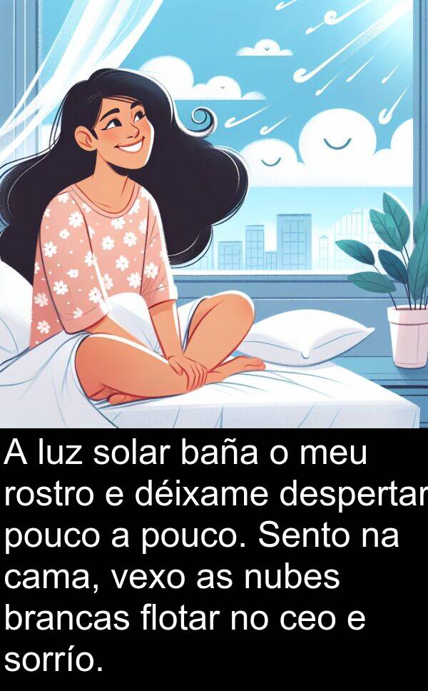 rostro: A luz solar baña o meu rostro e déixame despertar pouco a pouco. Sento na cama, vexo as nubes brancas flotar no ceo e sorrío.