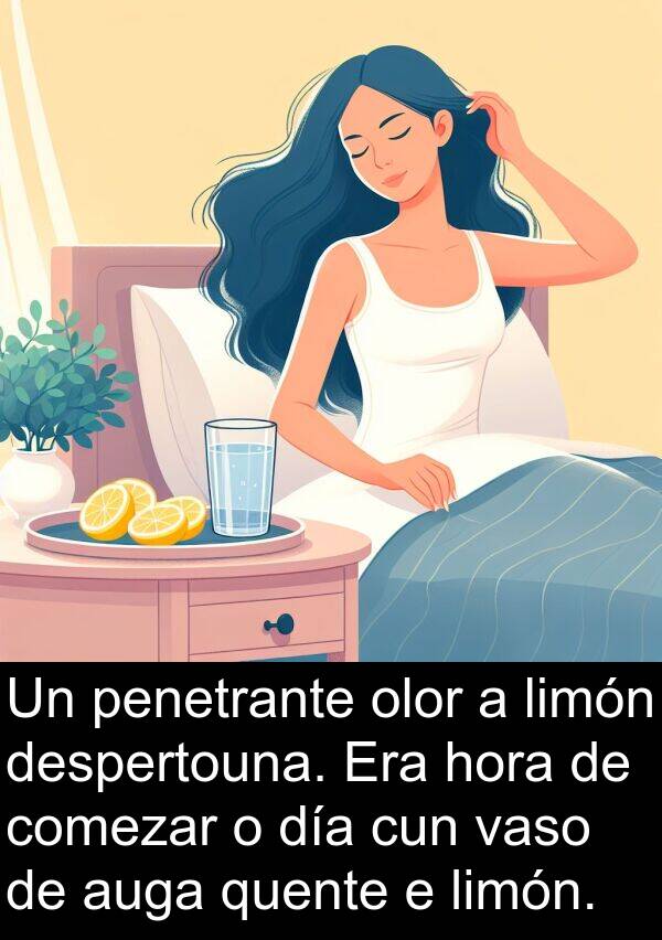vaso: Un penetrante olor a limón despertouna. Era hora de comezar o día cun vaso de auga quente e limón.