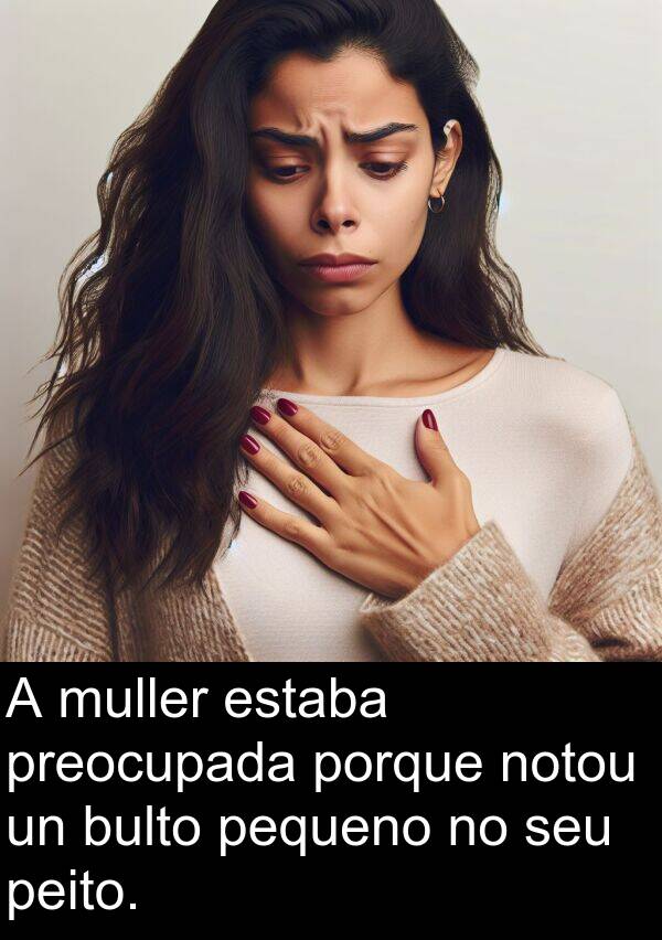 porque: A muller estaba preocupada porque notou un bulto pequeno no seu peito.