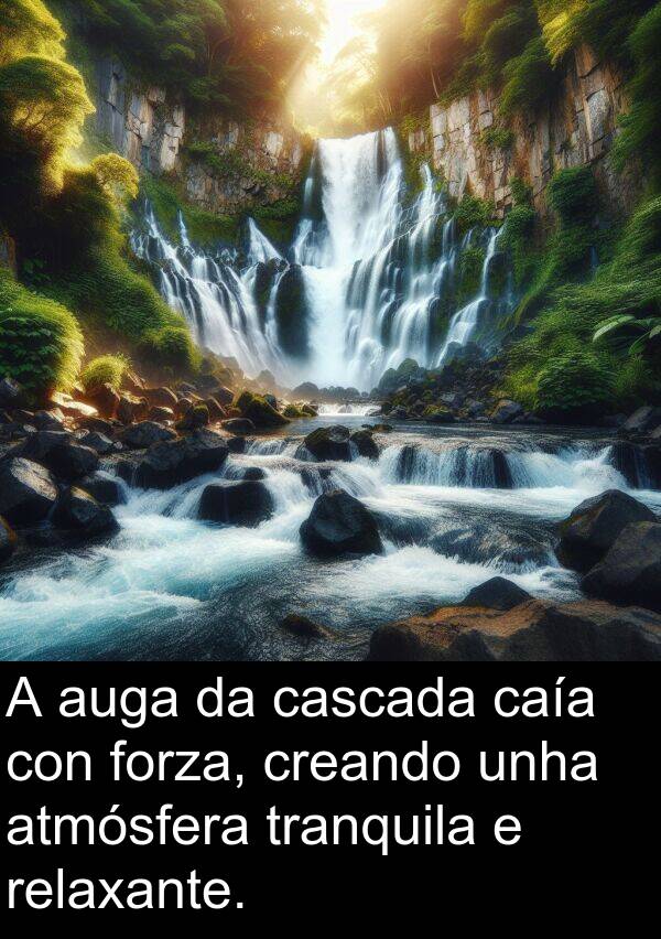 relaxante: A auga da cascada caía con forza, creando unha atmósfera tranquila e relaxante.