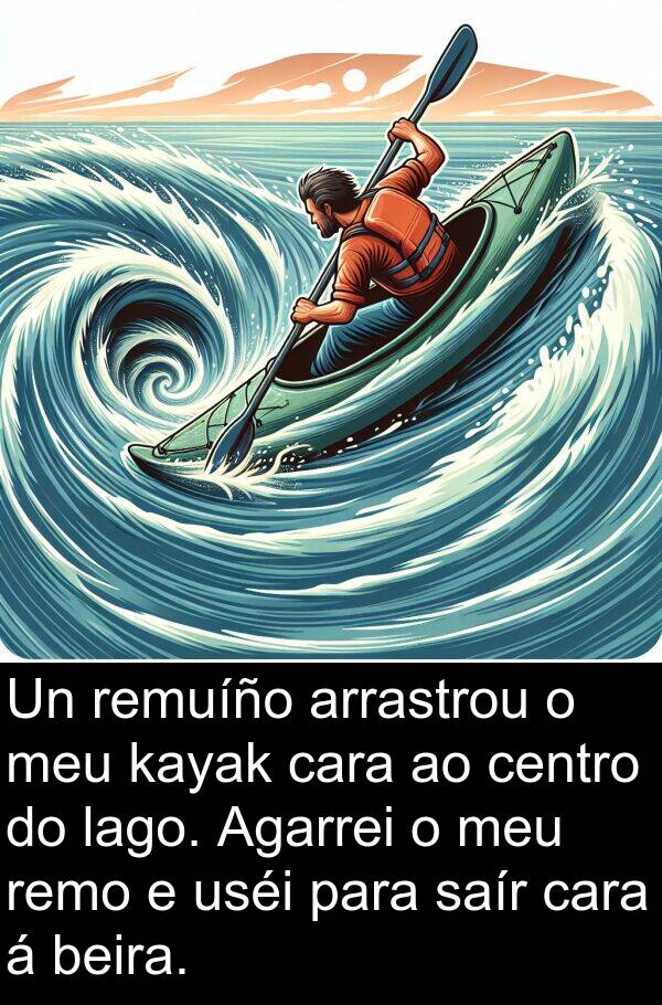 arrastrou: Un remuíño arrastrou o meu kayak cara ao centro do lago. Agarrei o meu remo e uséi para saír cara á beira.
