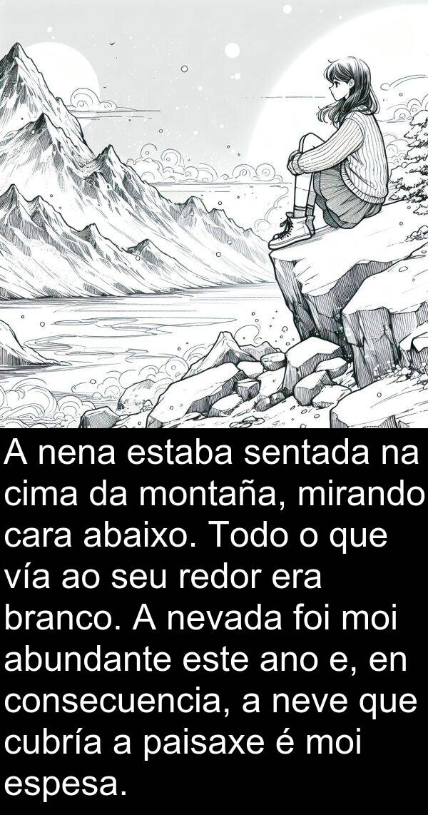 redor: A nena estaba sentada na cima da montaña, mirando cara abaixo. Todo o que vía ao seu redor era branco. A nevada foi moi abundante este ano e, en consecuencia, a neve que cubría a paisaxe é moi espesa.