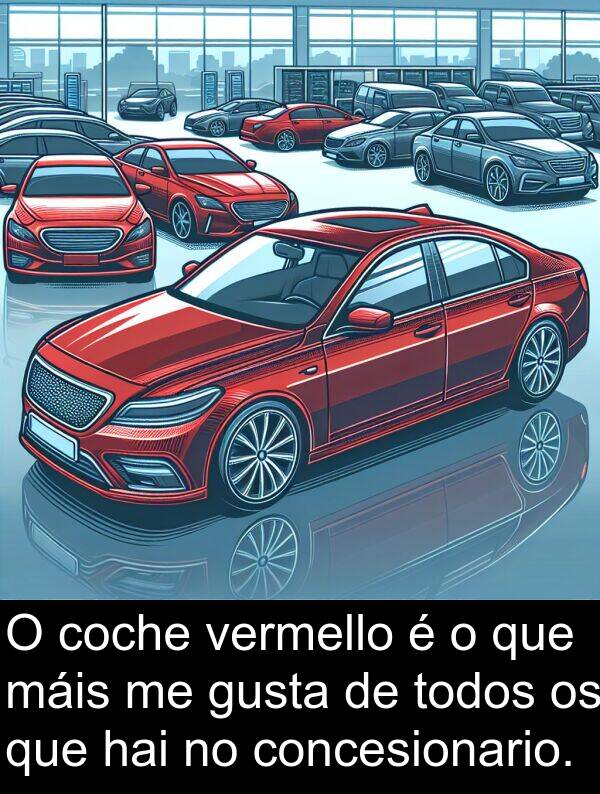 gusta: O coche vermello é o que máis me gusta de todos os que hai no concesionario.