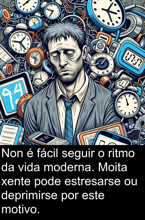 ritmo: Non é fácil seguir o ritmo da vida moderna. Moita xente pode estresarse ou deprimirse por este motivo.