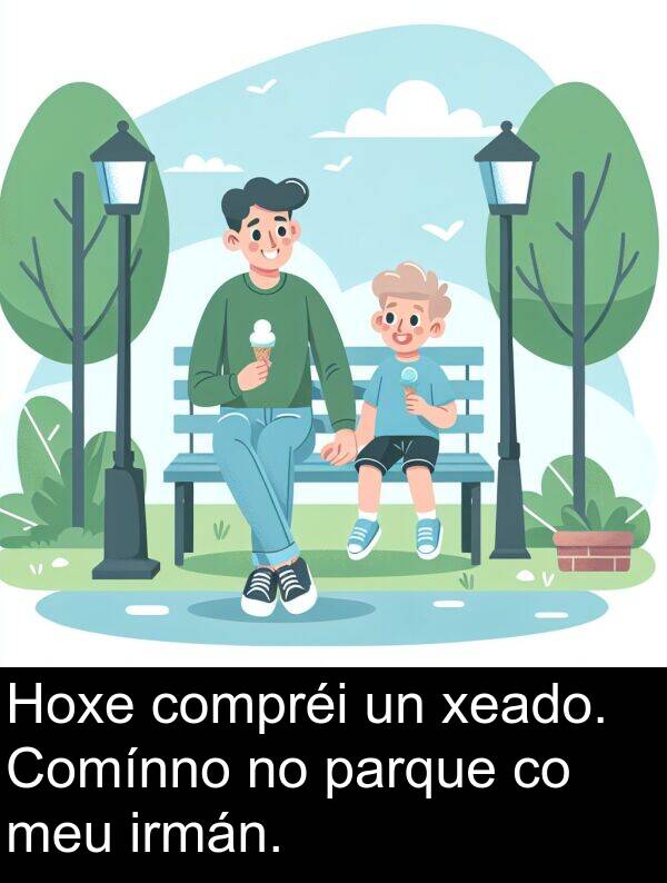 irmán: Hoxe compréi un xeado. Comínno no parque co meu irmán.