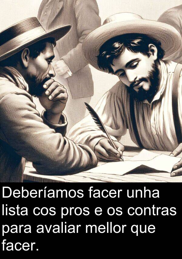 contras: Deberíamos facer unha lista cos pros e os contras para avaliar mellor que facer.