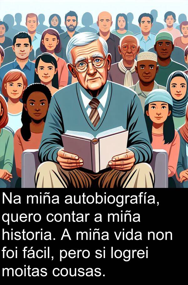 contar: Na miña autobiografía, quero contar a miña historia. A miña vida non foi fácil, pero si logrei moitas cousas.