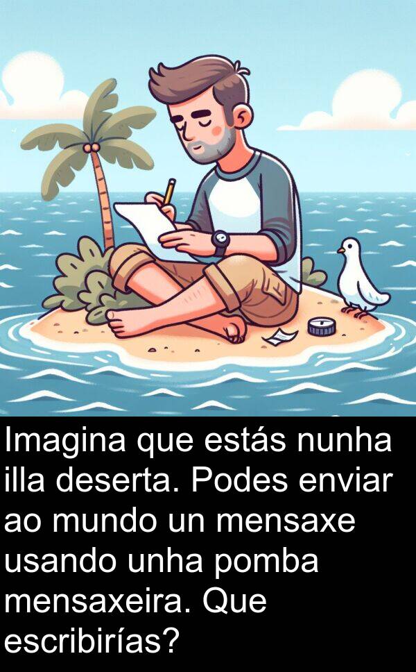 escribirías: Imagina que estás nunha illa deserta. Podes enviar ao mundo un mensaxe usando unha pomba mensaxeira. Que escribirías?