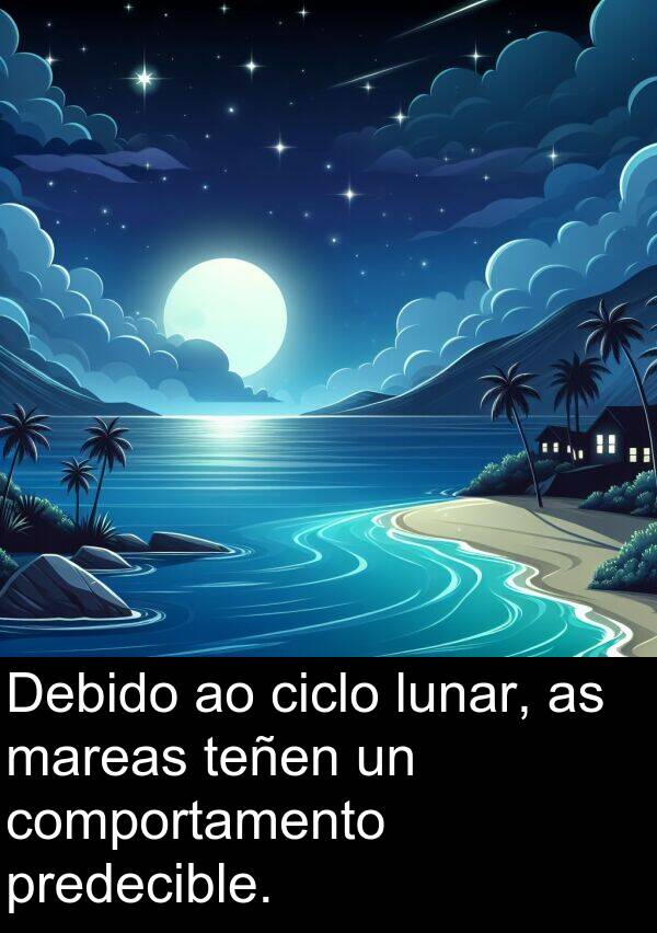 comportamento: Debido ao ciclo lunar, as mareas teñen un comportamento predecible.