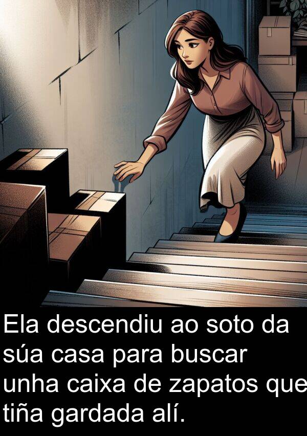 tiña: Ela descendiu ao soto da súa casa para buscar unha caixa de zapatos que tiña gardada alí.