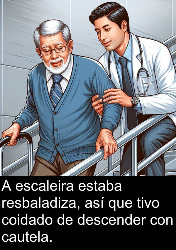 resbaladiza: A escaleira estaba resbaladiza, así que tivo coidado de descender con cautela.