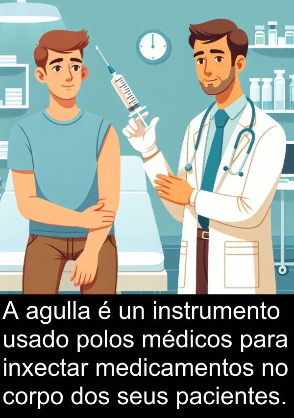 medicamentos: A agulla é un instrumento usado polos médicos para inxectar medicamentos no corpo dos seus pacientes.