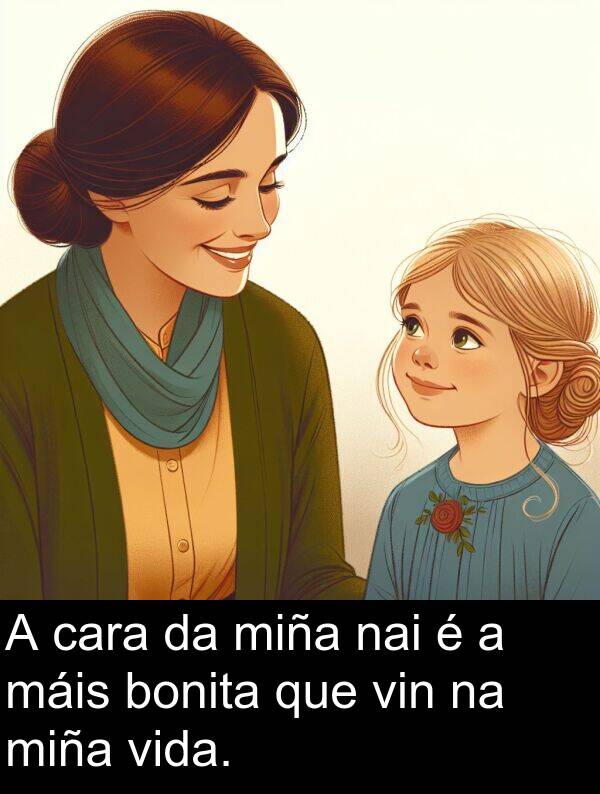 vida: A cara da miña nai é a máis bonita que vin na miña vida.