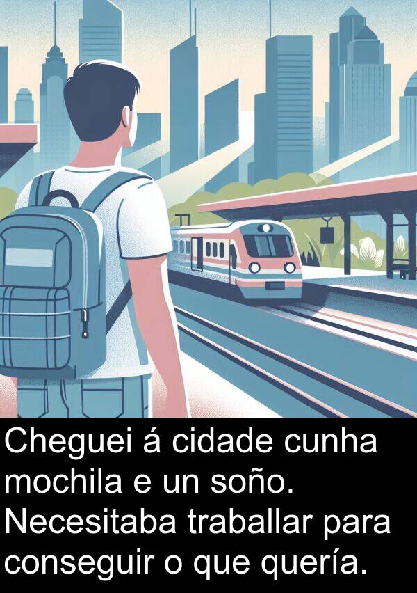 soño: Cheguei á cidade cunha mochila e un soño. Necesitaba traballar para conseguir o que quería.