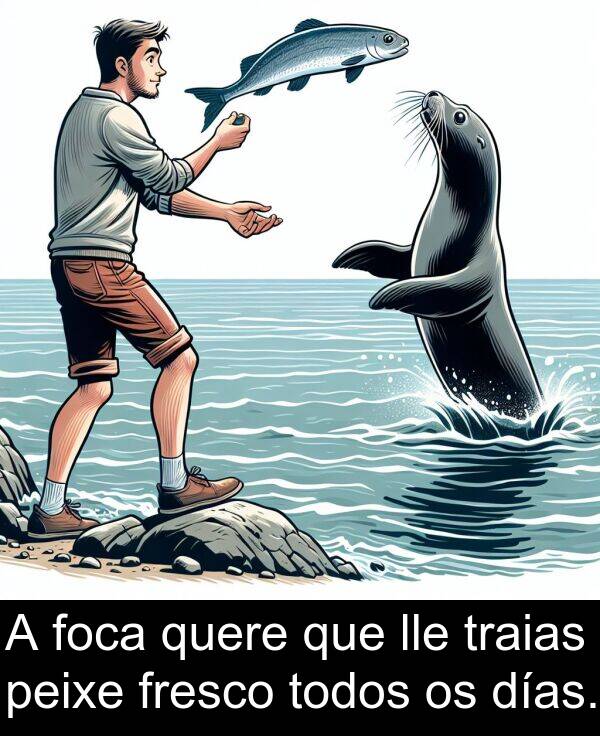 días: A foca quere que lle traias peixe fresco todos os días.