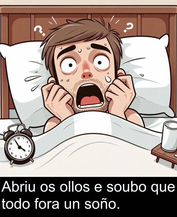 fora: Abriu os ollos e soubo que todo fora un soño.