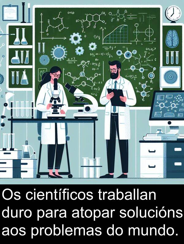 duro: Os científicos traballan duro para atopar solucións aos problemas do mundo.