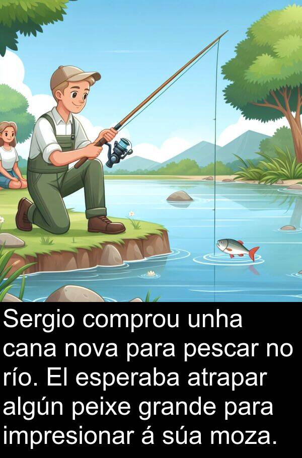 río: Sergio comprou unha cana nova para pescar no río. El esperaba atrapar algún peixe grande para impresionar á súa moza.
