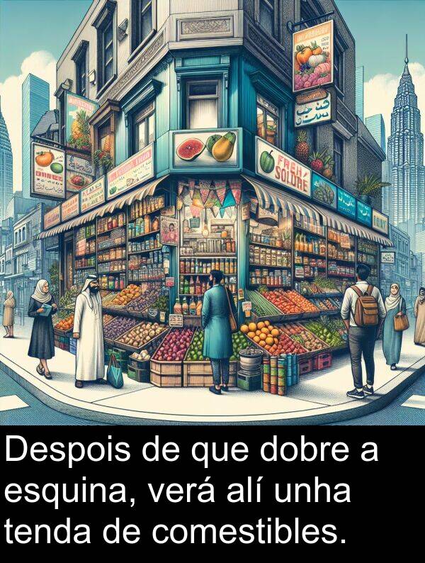 esquina: Despois de que dobre a esquina, verá alí unha tenda de comestibles.
