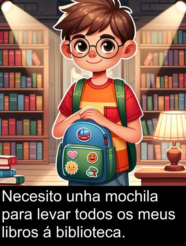 mochila: Necesito unha mochila para levar todos os meus libros á biblioteca.