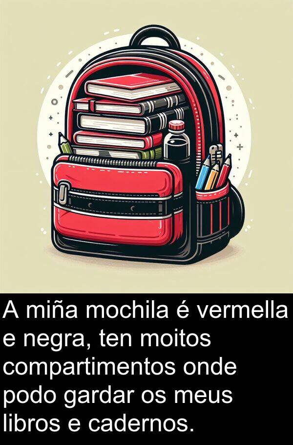 mochila: A miña mochila é vermella e negra, ten moitos compartimentos onde podo gardar os meus libros e cadernos.