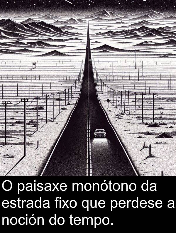 tempo: O paisaxe monótono da estrada fixo que perdese a noción do tempo.